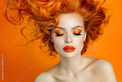 Beautiful woman with orange hair and stunning vibrant makeup on an orange background.  photo