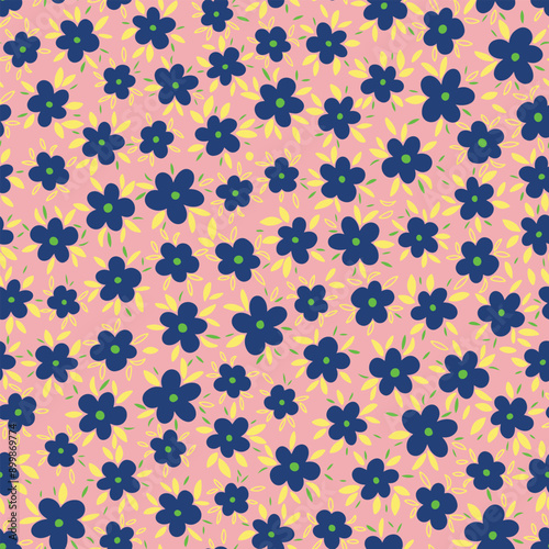 Cute retro flowers with leaves seamless repeat pattern. Random placed, vector botany aop all over surface print.