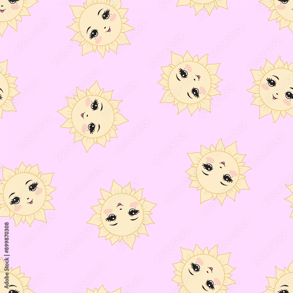 Fototapeta premium Seamless pattern with a sun on a pink background. A children's pattern.
