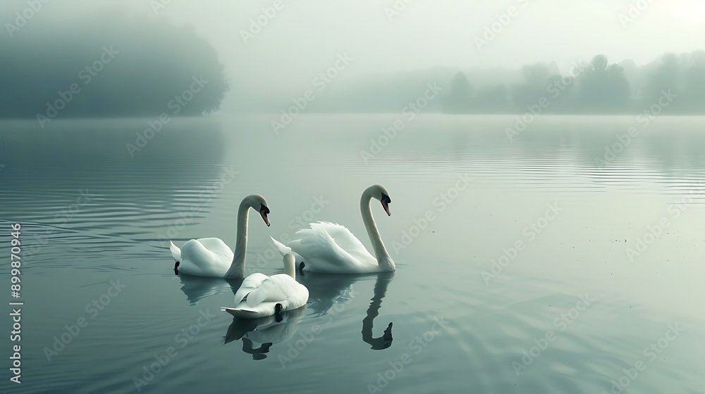 Fototapeta premium Graceful swans swimming in a serene lake 