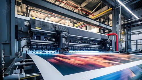 A massive, state-of-the-art printing plotter machine in full operation, printing large format banners, with vibrant colors and patterns vividly displayed.