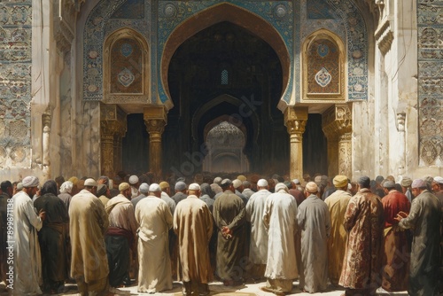 A diverse group of individuals stand together in front of a large building, posing for a photo, Muslims praying at a mosque entrance, AI Generated