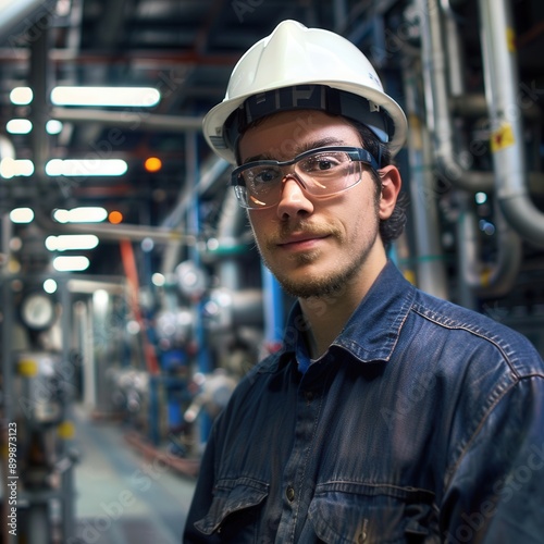 A young male worker in a safety helmet and glasses stands confidently in an industrial setting, surrounded by machinery. photo