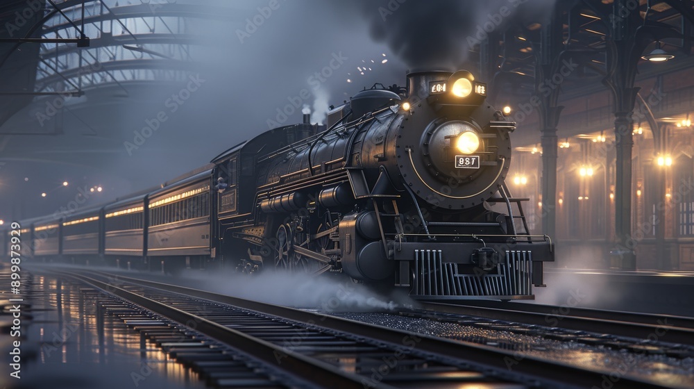 A powerful steam locomotive stands ready in a misty train station, its headlight cutting through the fog. The scene is illuminated by warm station lights, creating a dramatic and nostalgic atmosphere. A powerful steam locomotive stands ready in a misty train station, its headlight cutting through the fog. The scene is illuminated by warm station lights, creating a dramatic and nostalgic atmosphere.