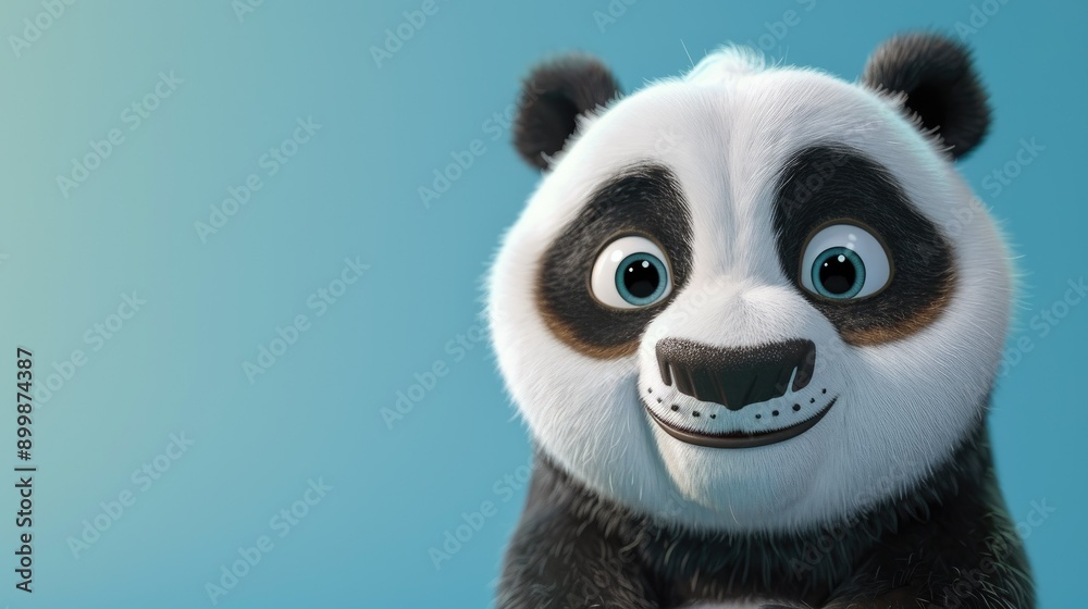 Animated character 3D image of happy baby panda bear looking into the camera, baby blue background AI generated Animated character 3D image of happy baby panda bear looking into the camera, baby blue background AI generated