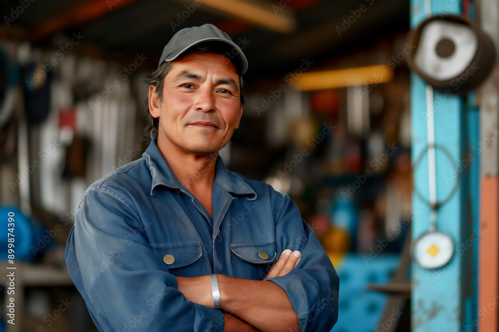 Middle age Hispanic man, mechanic, standing in auto repair garage, blue collar worker, copy space Middle age Hispanic man, mechanic, standing in auto repair garage, blue collar worker, copy space
