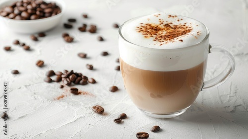 Close up of double glass cup with latte coffee beans on white table with space for text