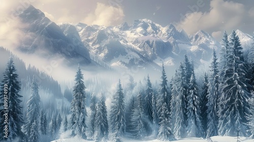 Breathtaking winter landscape featuring snow-covered mountains and lush evergreen trees under a beautiful misty sky.