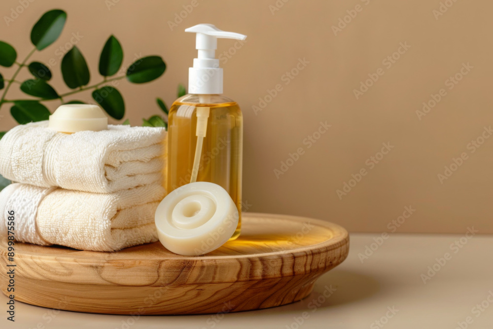 Cosmetic product liquid soap and white round soap bars, towel stack on wooden plate, studio picture with light brown background Cosmetic product liquid soap and white round soap bars, towel stack on wooden plate, studio picture with light brown background