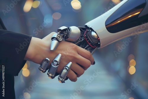 Human handshaking with a robotic arm in a blurred cityscape. Close-up