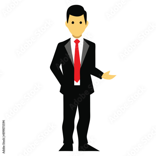 business man, illustration of man wearing black suit with red necktie, vector illustration, isolated white background 
