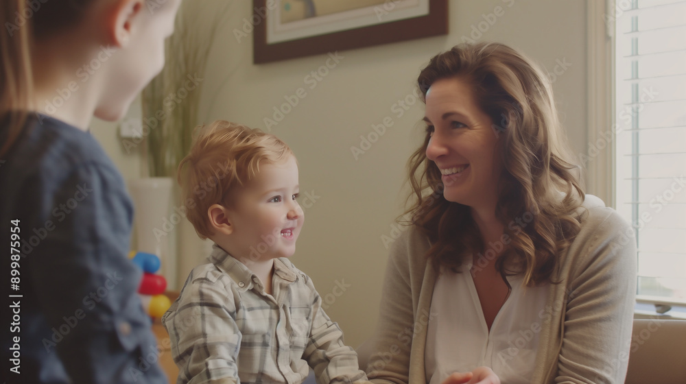 A smiling child and mother at the female psychologist appointment in a medical office A smiling child and mother at the female psychologist appointment in a medical office