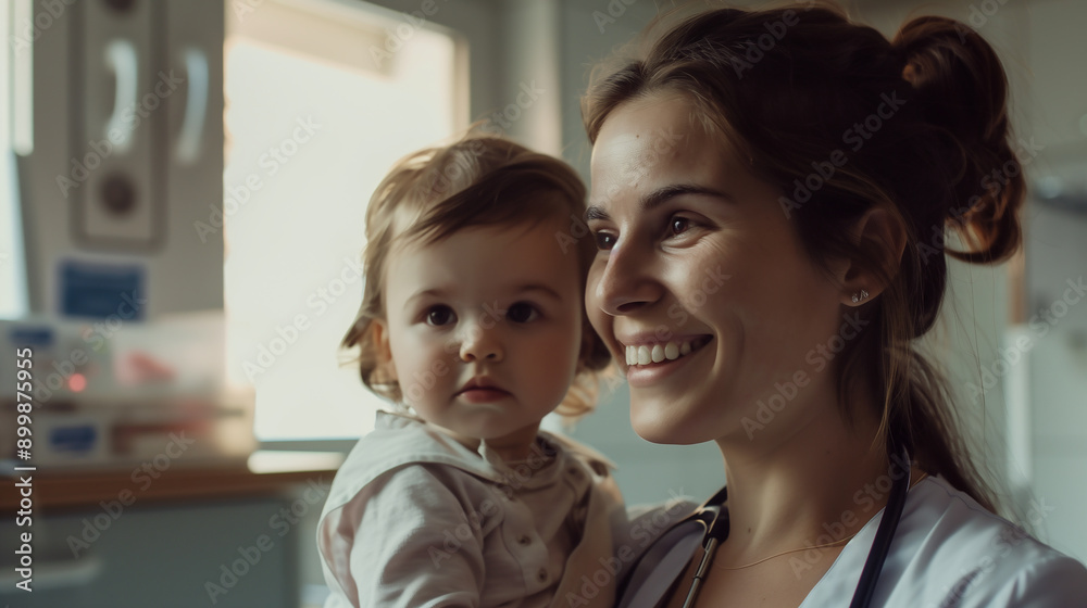 A child on hands of smiling female pediatrician in a medical office A child on hands of smiling female pediatrician in a medical office