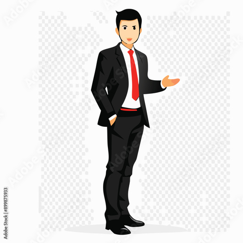 business man, illustration of man wearing black suit with red necktie, vector illustration, isolated white background 