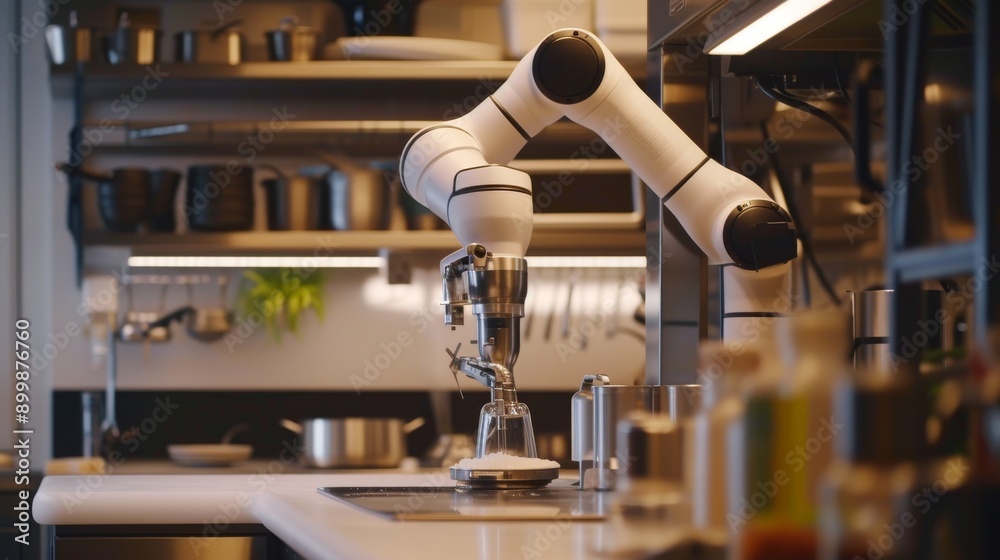 Fototapeta premium A modern high-tech kitchen with a robotic arm brewing coffee. The sleek, innovative environment highlights advanced automation in everyday tasks, demonstrating the future of culinary convenience and