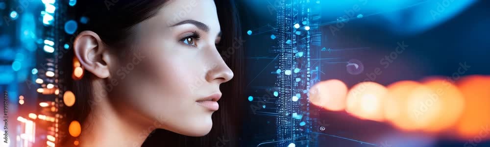 Caucasian woman with system codes animation and bokeh lights in background. facial recognition concept. Copy space web site banner