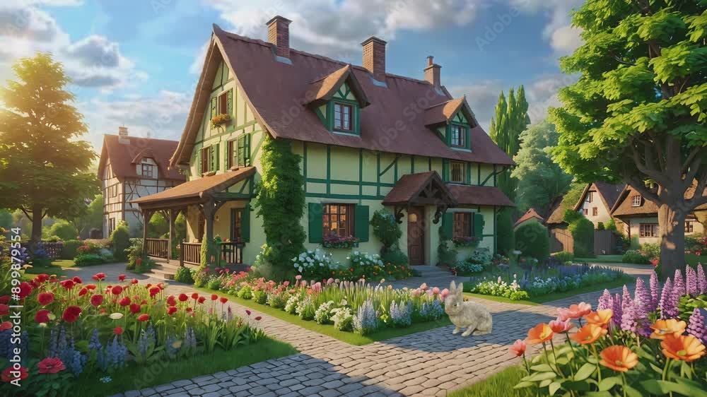 Quaint village house with vibrant garden and clear blue sky. Idyllic rural living concept Quaint village house with vibrant garden and clear blue sky. Idyllic rural living concept