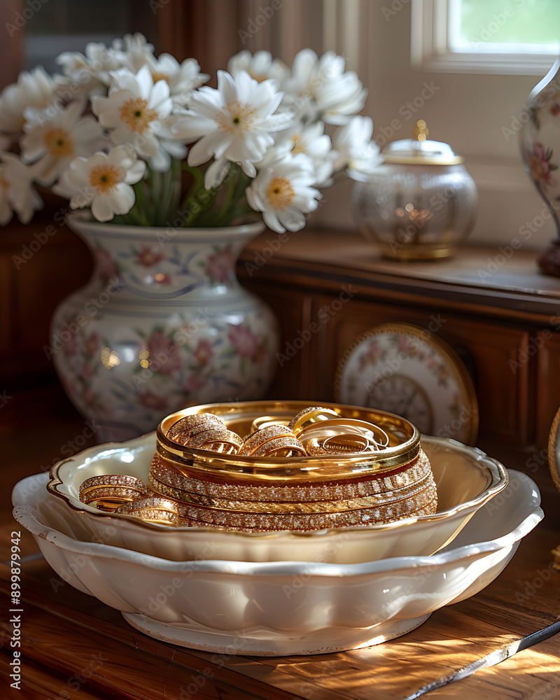 Φωτογραφία Bowl full of gold jewelry, beige and white satin linen, gold rings and necklaces, shot in a sunlit room