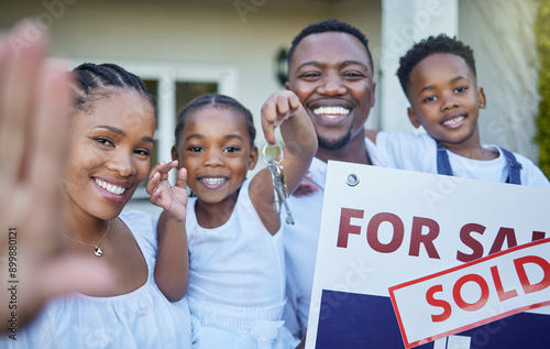 Obraz na plátně Selfie, parents and kids with house sale or sold poster with smile for property ownership