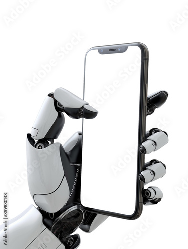 Robot holding smartphone mockup PNG