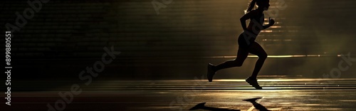 A girl is running on the track, with a dark background and light shining from above The camera focuses on her silhouette as she runs across an empty stadium field. Young woman running.