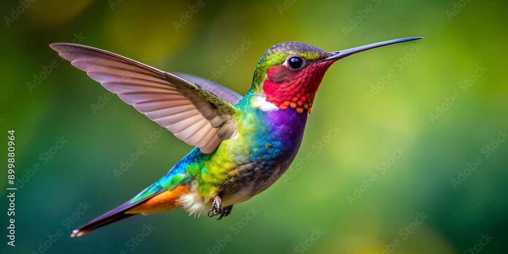 Fototapeta premium Closeup of colorful hummingbird flying in mid-air Generative By AI, bird, flying, hummingbird, colorful