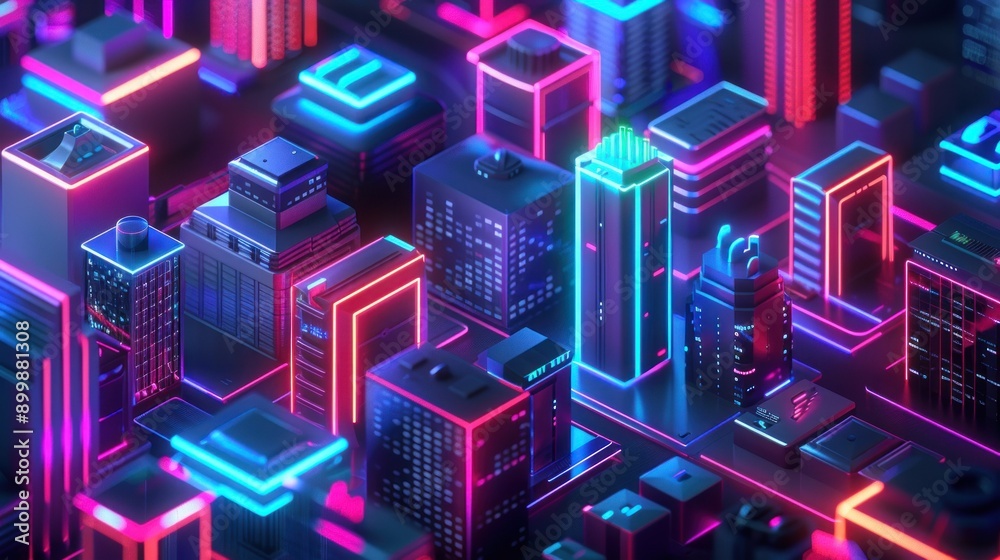 Isometric view on rendering of neon city AI generated Isometric view on rendering of neon city AI generated
