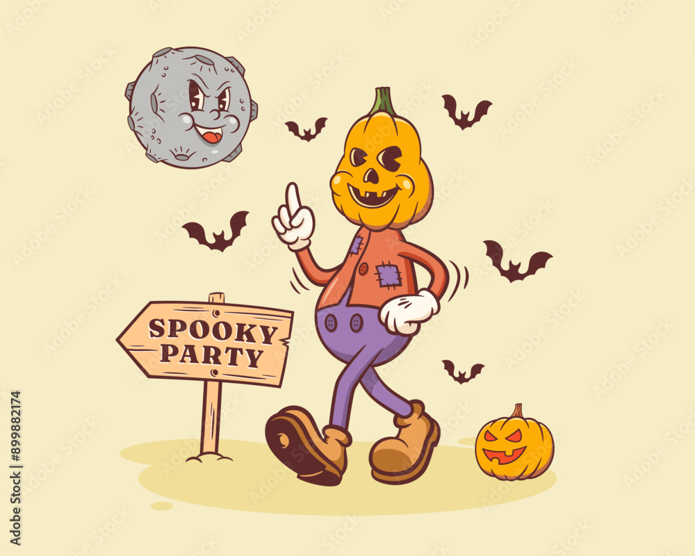 Naklejka premium Halloween Groovy Pumpkin Retro Character. Cartoon Jack O Lantern Walking by a Pumpkin to Spooky Party under Evil Moon. Vector Autumn Holiday Mascot Template. Happy Vintage Cool Illustration Isolated