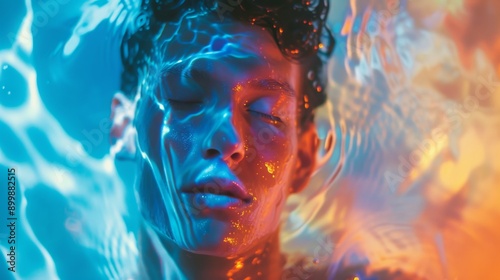 An underwater close-up portrait of a person with closed eyes, bathed in a blend of blue and orange light. The shimmering water and vibrant colors create a surreal and tranquil atmosphere. photo