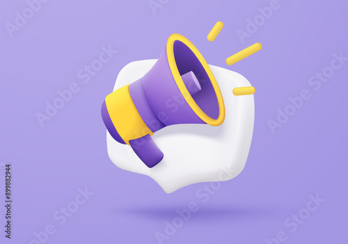 3d megaphone speaker or loudspeaker bullhorn for announce promotion in background, megaphone loud hailer with microphone, speakerphone 3d icon vector render illustration for alert and announcement