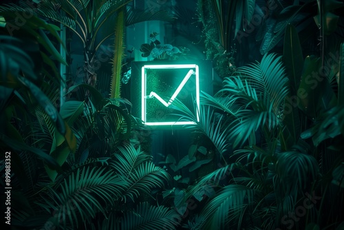 shining big green neon done or check mark symbol amongst tropical plants garden at night