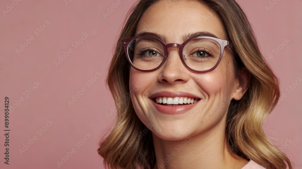 Glasses-wearing woman, happy and satisfied, pink background portrait Glasses-wearing woman, happy and satisfied, pink background portrait