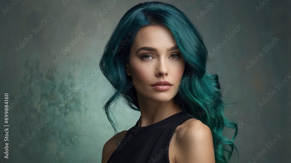 Graceful teal-haired woman, abstract portrait highlighting female beauty Graceful teal-haired woman, abstract portrait highlighting female beauty