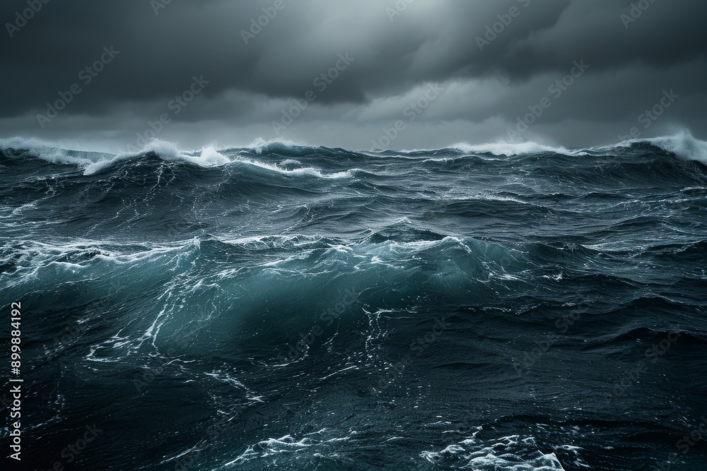 A vast expanse of water stretches beneath a cloudy sky, creating a dramatic and atmospheric landscape, Ocean waves under a dark stormy sky in shades of grey, AI Generated A vast expanse of water stretches beneath a cloudy sky, creating a dramatic and atmospheric landscape, Ocean waves under a dark stormy sky in shades of grey, AI Generated