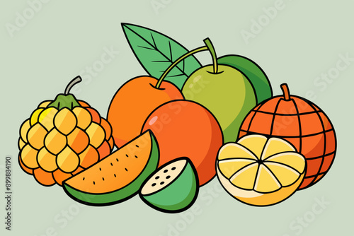 easy line art of different fruits Orange, mango, jackfruit, and others vector illustration 