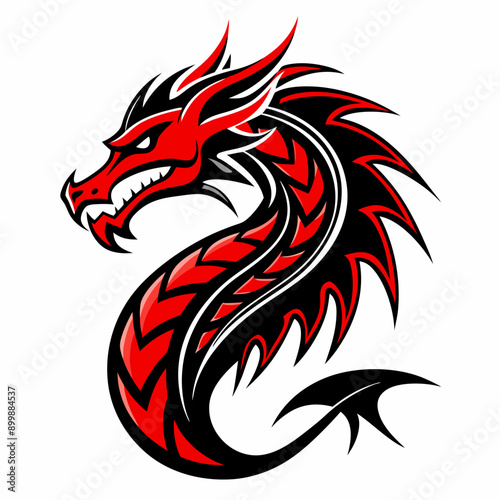 Design a red line dragon tattoo with shadowed horns, white background