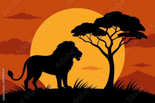 Black silhouette of a growling lion stands next to a tree against a sunset vector illustration  © Chayon Sarker