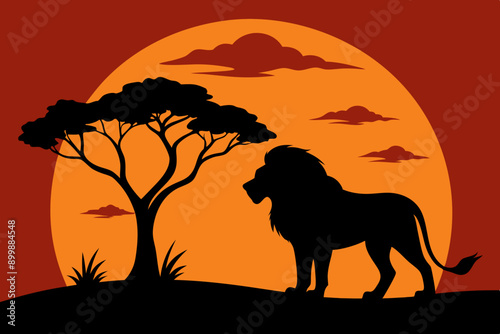 Black silhouette of a growling lion stands next to a tree against a sunset vector illustration 