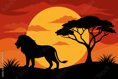 Black silhouette of a growling lion stands next to a tree against a sunset vector illustration  © Chayon Sarker