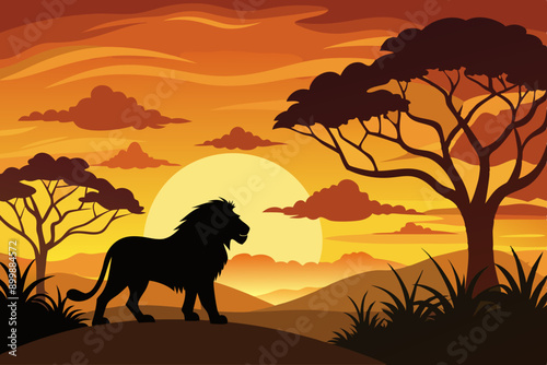 Black silhouette of a growling lion stands next to a tree against a sunset vector illustration 