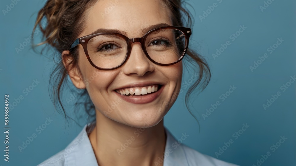 Portrait of happy woman in glasses on blue background Portrait of happy woman in glasses on blue background