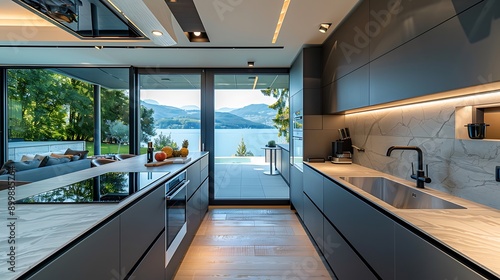 Wallpaper Mural High-tech kitchen with automated windows opening to the lake  Torontodigital.ca