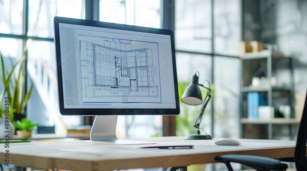 A monitor screen placed on the desk displays a technical drawing of an ...