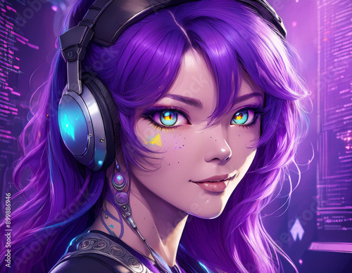Sensual and Seductive Anime Gamer Woman with Purple Hair: Stunning Illustration for Video Games