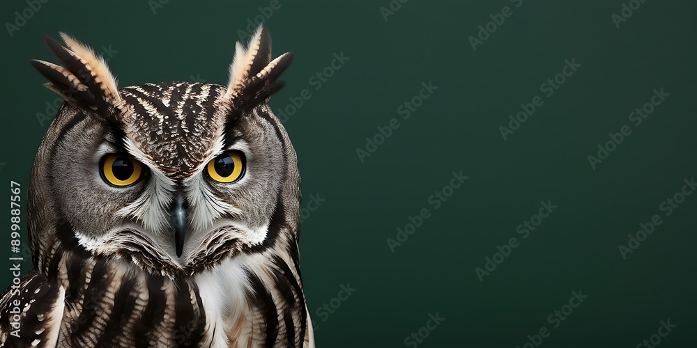 Obraz premium Wise Owl's Eyes on the Left with a Solid Dark Green Background Ideal for Capturing Keen Vision and Wildlife Details