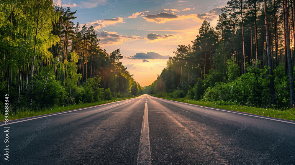 Obraz premium The main asphalt road that stretches towards the horizon, surrounded by green forest, in the glow of the setting sun. 