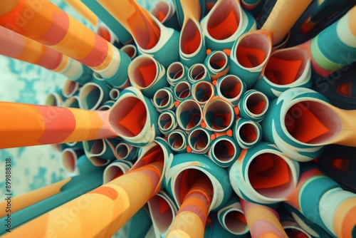 A vibrant close-up photo showcasing a bunch of colorful pencils, Optical illusion created by intricate pipeline arrangements, AI Generated photo