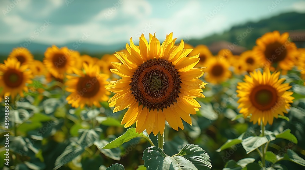 A dynamic shot of a sunflower field swaying in the wind under a clear blue sky, capturing the movement and energy of the vibrant yellow flowers.