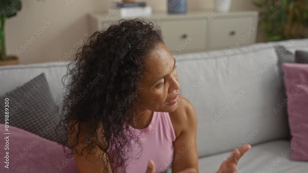 Woman talking in a living room with a pink top, sitting on a couch with pillows, and smiling in a comfortable home environment Woman talking in a living room with a pink top, sitting on a couch with pillows, and smiling in a comfortable home environment