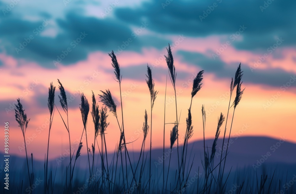 silhouette of tall grasses swaying in the wind against an evening sky with soft clouds silhouette of tall grasses swaying in the wind against an evening sky with soft clouds